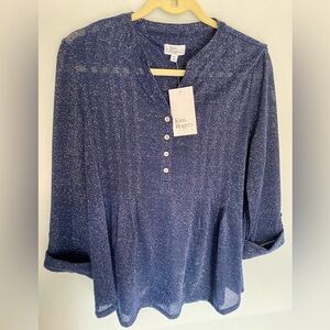 New! Kim Roger’s PXL Metallic Blue Henley Button Down Sheer